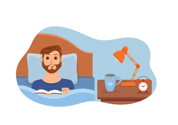 Ragazzo sdraiato sul letto in camera da letto e leggere un libro nelle sue mani — Vettoriale Stock