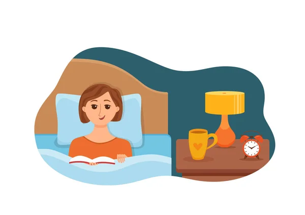 Menina deitada na cama em casa quarto e lendo um livro —  Vetores de Stock