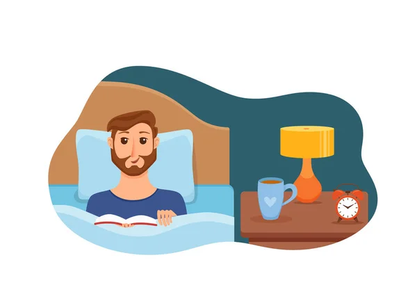 Guy couché sur le lit dans la chambre à coucher et lisant un livre dans ses mains — Image vectorielle