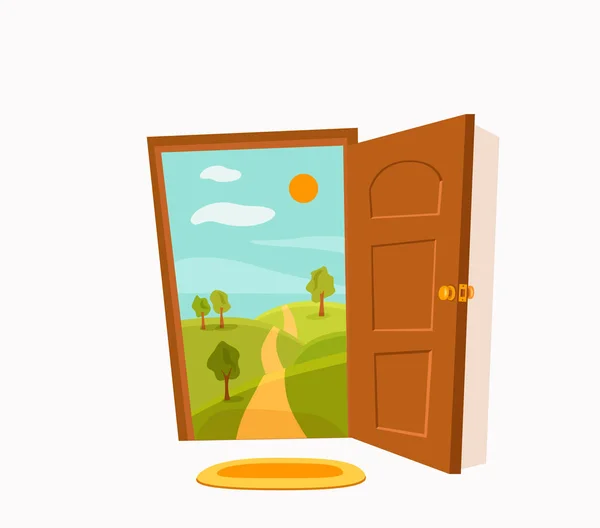 Öppen dörr tecknad färgglada vektor illustration med Valley Summer Sun moln — Stock vektor