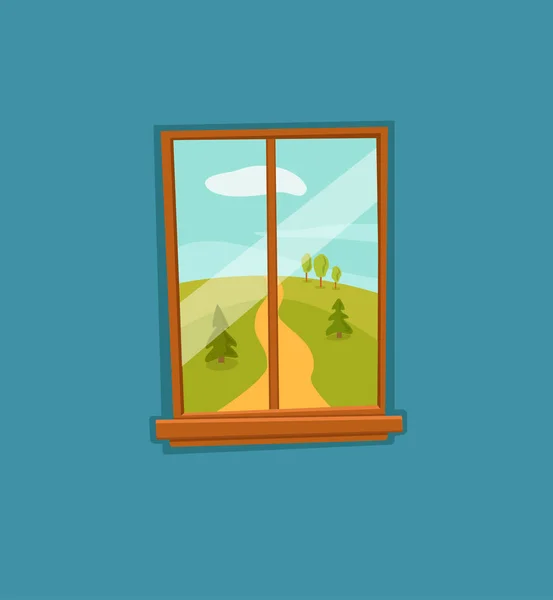 Desenhos animados janela colorido vetor ilustração com vale verão sol paisagem — Vetor de Stock
