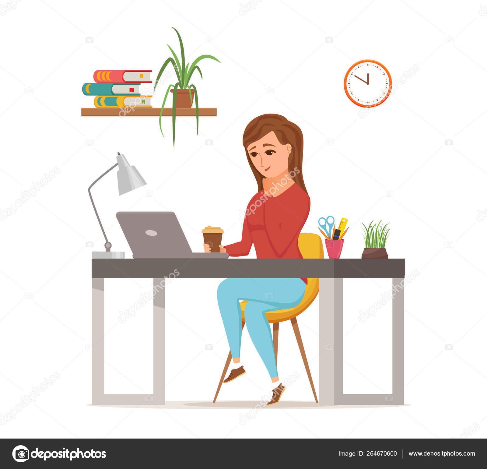Woman Working On Computer Colorful Vector Concept Cartoon Flat