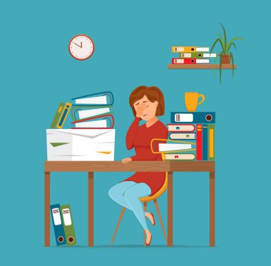 Bilgisayar renkli vektör kavramı üzerinde çalışan yorgun kadın meşgul. Karikatür düz tarzı