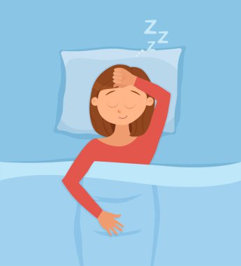 Uyuyan kadın yüz çizgi film karakteri mutlu kız tatlı bir rüya var