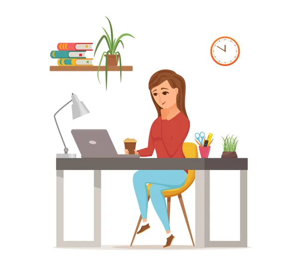 Woman working on computer colorful vector concept. Cartoon flat style — Stock Vector