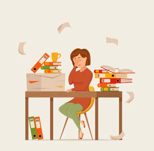 Woman busy tired working on computer colorful vector concept. Cartoon flat style — Stock Vector