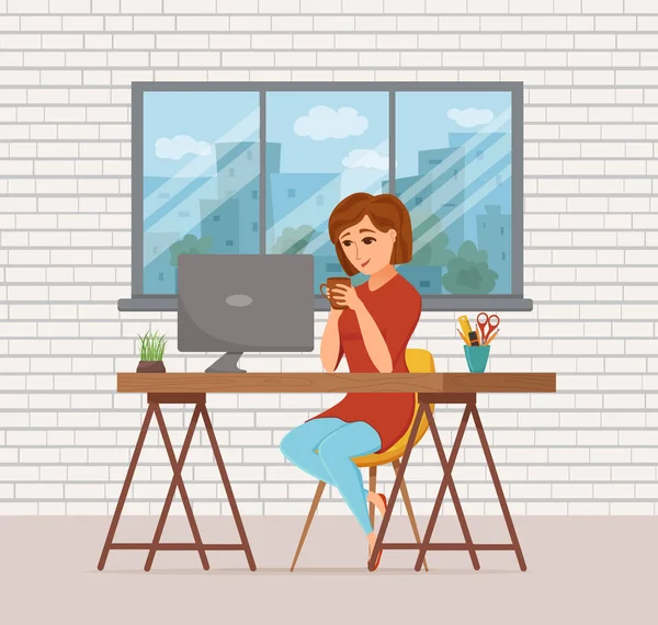 Femme travaillant sur ordinateur concept vectoriel coloré. Cartoon style plat — Image vectorielle