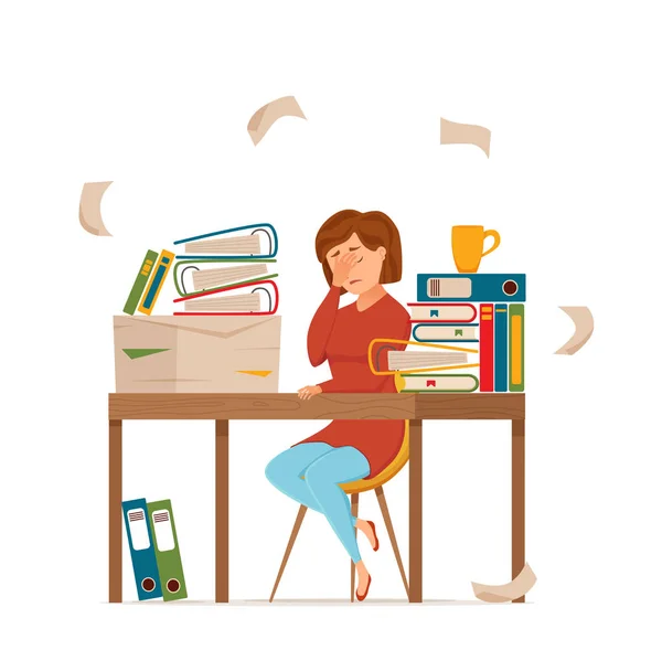 Woman busy tired working on computer colorful vector concept. Cartoon flat style — Stock Vector