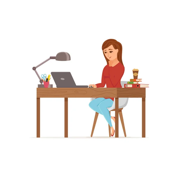 Vrouw werkt op computer kleurrijke vector concept. Cartoon platte stijl — Stockvector