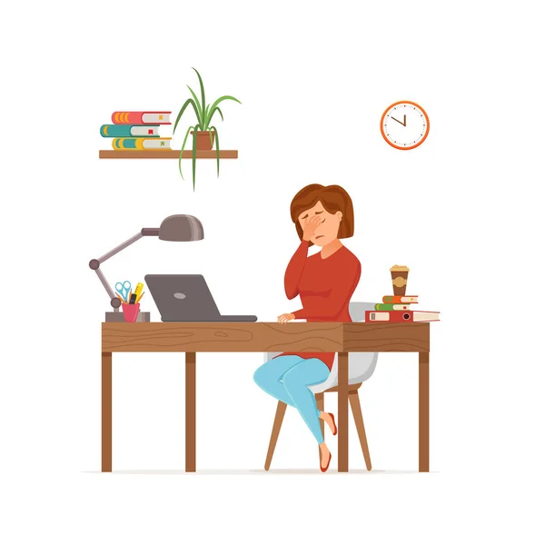 Femme fatiguée de travailler sur ordinateur concept vectoriel coloré. Cartoon style plat — Image vectorielle