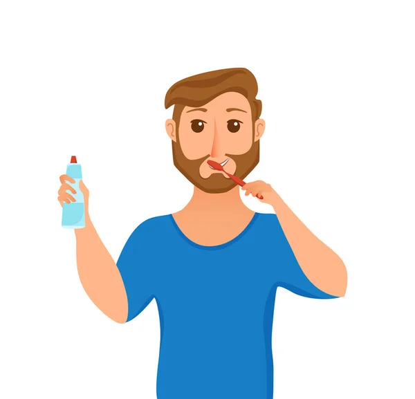 Young man brush teeth cartoon style vector concept. Smiling cheerful boy — 스톡 벡터