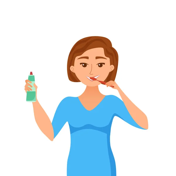 Young woman brush teeth cartoon style vector concept. Smiling cheerful girl — 스톡 벡터