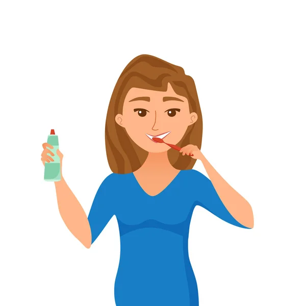 Young woman brush teeth cartoon style vector concept. Smiling cheerful girl — 스톡 벡터