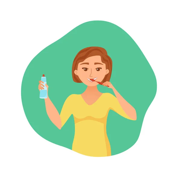 Young woman brush teeth cartoon style vector concept. Smiling cheerful girl — 스톡 벡터
