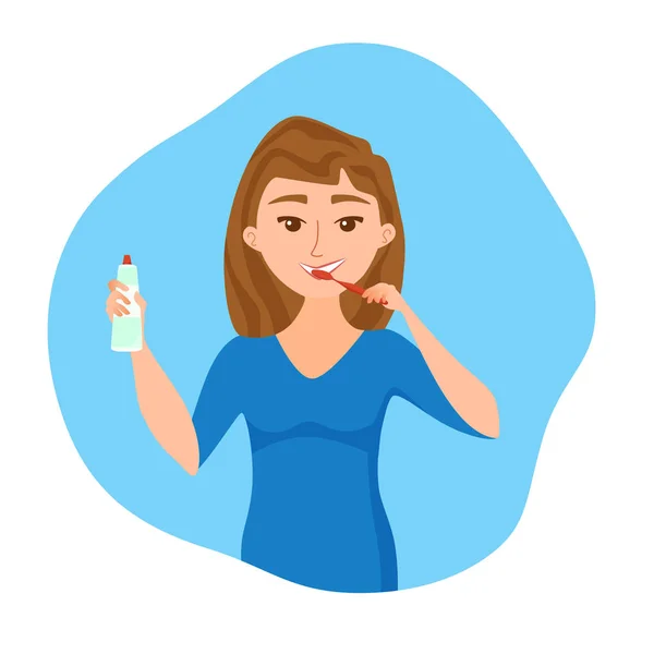 Young woman brush teeth cartoon style vector concept. Smiling cheerful girl — 스톡 벡터