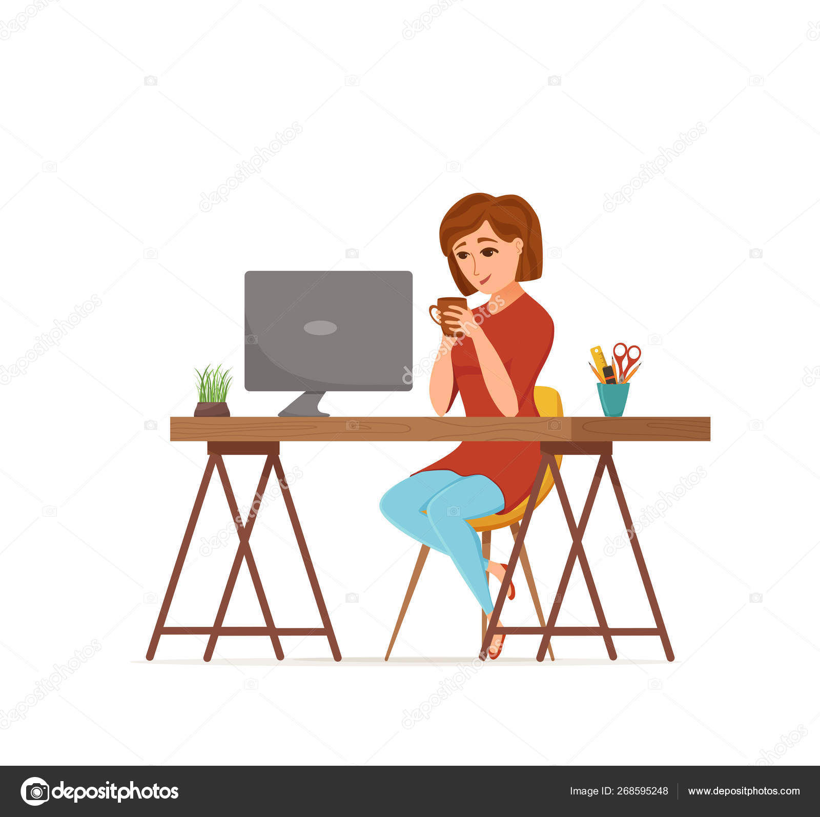 Woman Working On Computer Colorful Vector Concept Cartoon Flat