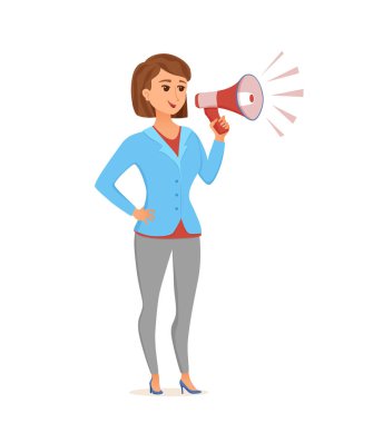 Dikkat vektör karikatür illüstrasyon için çağrı hoparlör tutan kadın.