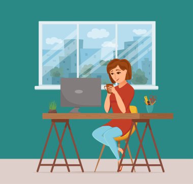 Bilgisayar renkli vektör konsepti üzerinde çalışan bir kadın. Çizgi film düz biçim illüstrasyonu