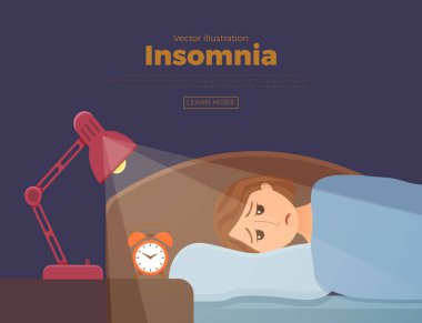 Uykusuz kadın yüz çizgi film karakteri uykusuzluk muzdarip. Açık gözlü kız