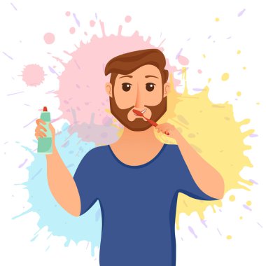 Genç adam diş fırçası çizgi film stili vektör konsepti. Gülümseyen neşeli çocuk kendine dikkat ediyor