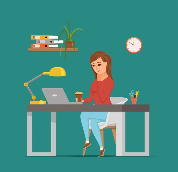 Woman working on computer colorful vector concept. Cartoon flat style illustration — Stock Vector