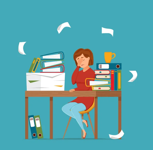 Woman busy tired working on computer colorful vector concept. Cartoon flat style illustration — 스톡 벡터