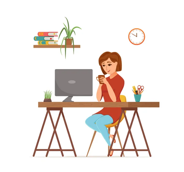 Žena pracující na počítačové barevné vektorové koncepci. Kreslený plochý styl ilustrace — Stockový vektor