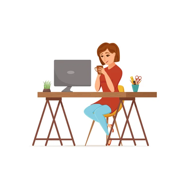 Vrouw die werkt aan computer kleurrijke vector concept. Cartoon platte stijl illustratie — Stockvector