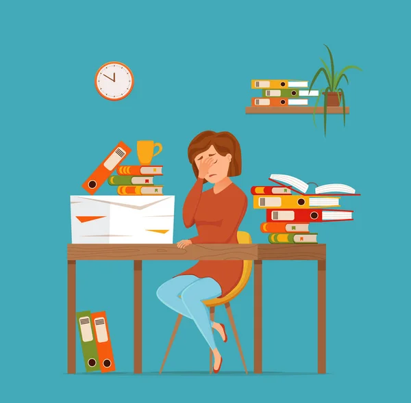 Woman busy tired working on computer colorful vector concept. Cartoon flat style illustration — 스톡 벡터