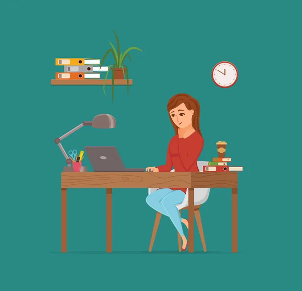 Woman working on computer colorful vector concept. Cartoon flat style illustration — Stock Vector