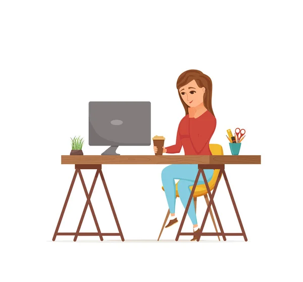 Женщина работает на компьютере красочные векторные концепции. Иллюстрация в стиле мультфильма — стоковый вектор