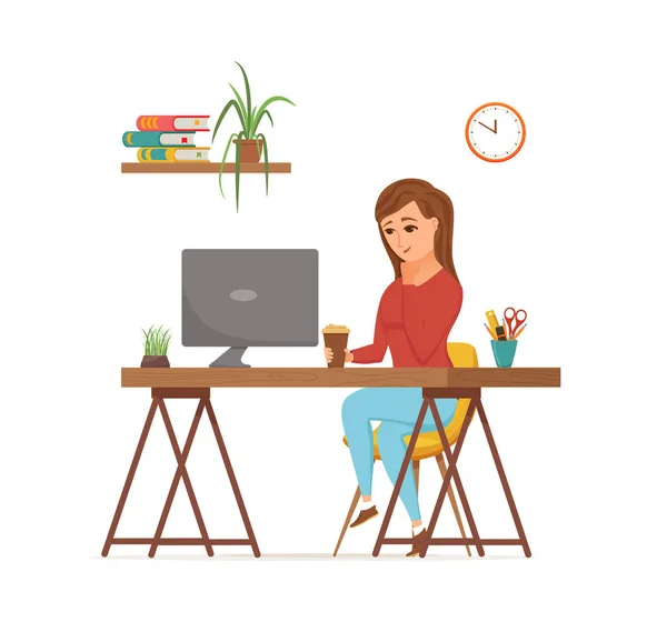Woman working on computer colorful vector concept. Cartoon flat style illustration — 스톡 벡터