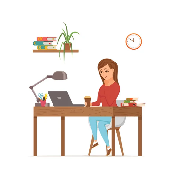 Vrouw die werkt aan computer kleurrijke vector concept. Cartoon platte stijl illustratie — Stockvector