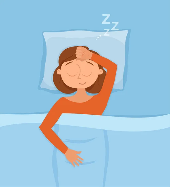 Dormir cara de mujer personaje de dibujos animados chica feliz tienen un dulce sueño. Persona con los ojos cerrados — Vector de stock