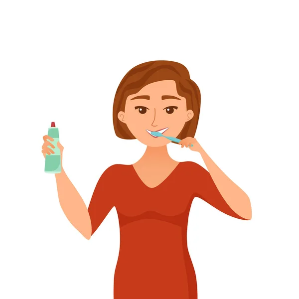 Jonge vrouw poetsen tanden cartoon stijl vector concept. Glimlachend vrolijk meisje — Stockvector