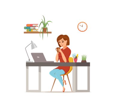 Bilgisayar renkli vektör konsepti üzerinde çalışan kadın.