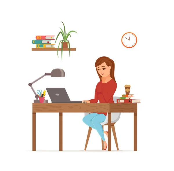 Woman working on computer colorful vector concept. — Stock Vector