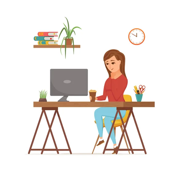 Woman working on computer colorful vector concept. — Stock Vector