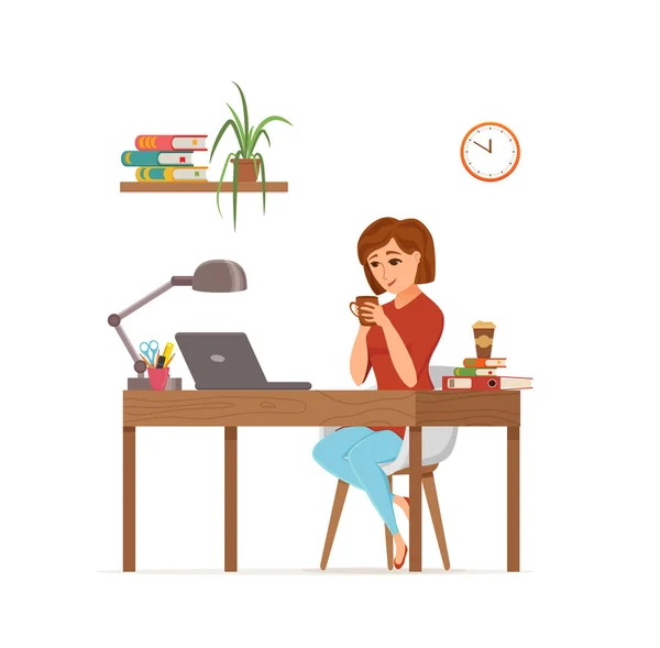 Woman working on computer colorful vector concept. — Stock Vector