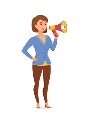 Dikkat vektör karikatür illüstrasyon için çağrı hoparlör tutan kadın.