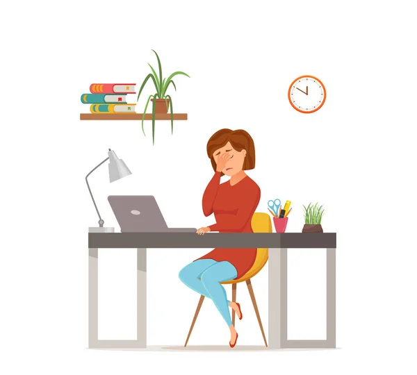 Femme occupé fatigué de travailler sur ordinateur concept vectoriel coloré . — Image vectorielle