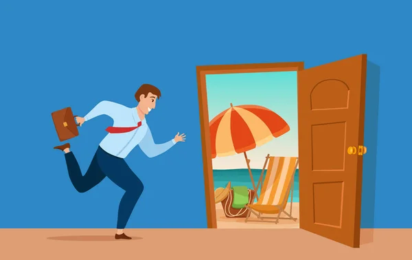 Бизнесмен бежит, чтобы открыть дверь с летним солнцем пляж морской отдых пейзаж в нем векторная концепция мультфильма — стоковый вектор