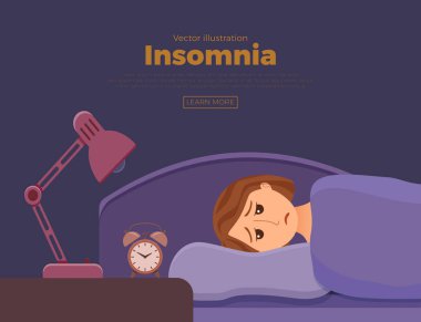 Uykusuz kadın yüz çizgi film karakteri uykusuzluk çekiyor.