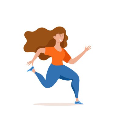 Sevimli renkli karikatür düz tarzı koşu kız vektör illüstrasyon.