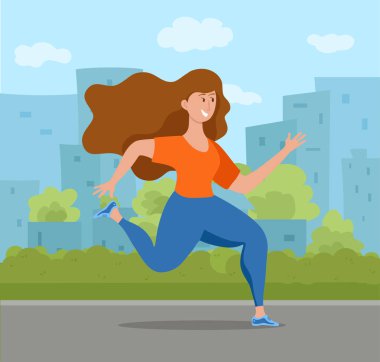 Sevimli renkli karikatür düz tarzı koşu kız vektör illüstrasyon.