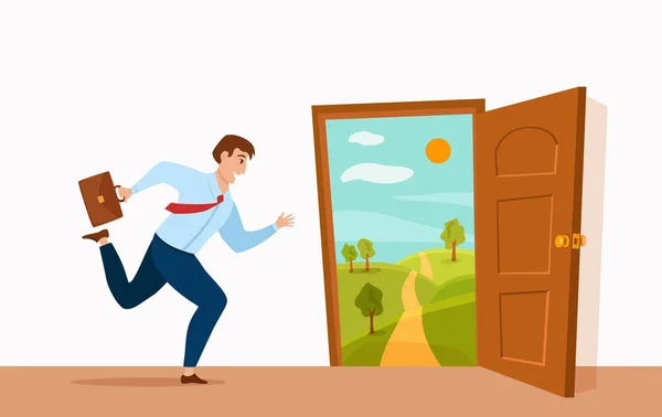 Homme d'affaires courir pour ouvrir la porte avec l'été vallée nature paysage vacances vecteur dessin animé concept. — Image vectorielle