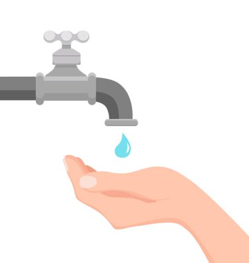 Su düşen bir damla tutarak musluk ve el vektör illüstrasyon.