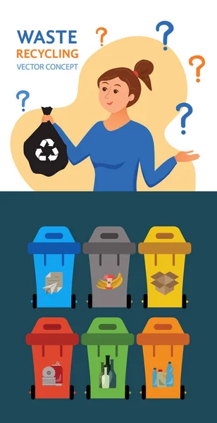 Jeune femme jetant des ordures dans des conteneurs illustration vectorielle . — Image vectorielle
