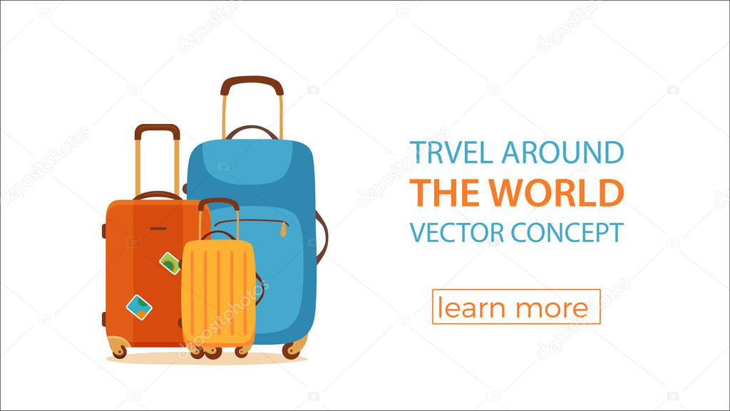 Travel suitcase vector cartoon colorful concept. Tourists packing luggage