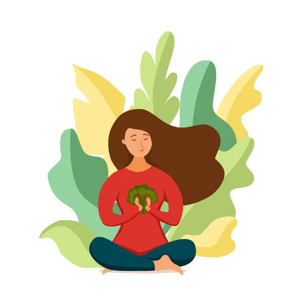 Junges glückliches Mädchen meditiert in Lotus-Pose mit Brokkoli im Arm veganes Konzept. — Stockvektor
